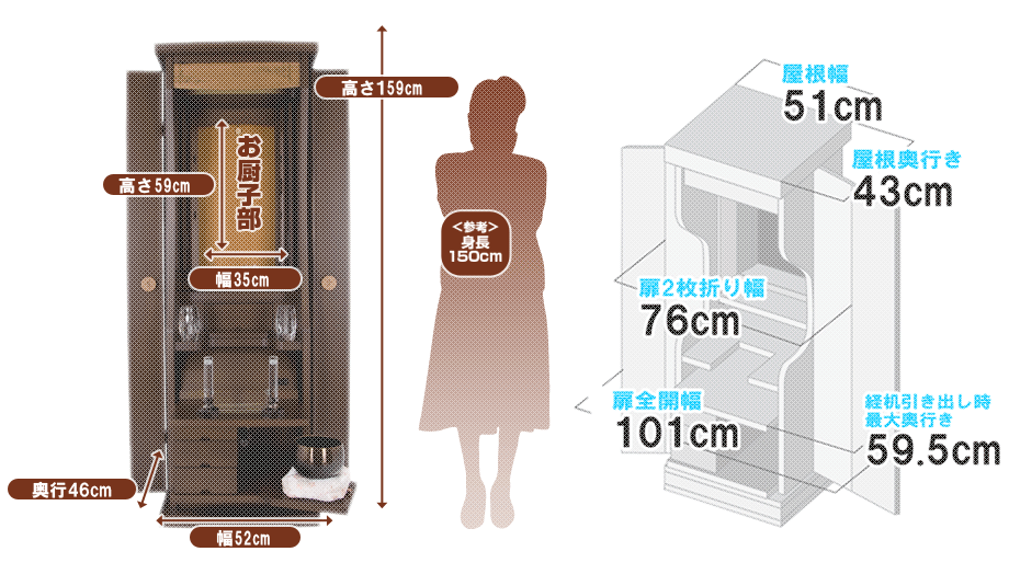 創価学会専用家具調仏壇 『円華』の寸法図