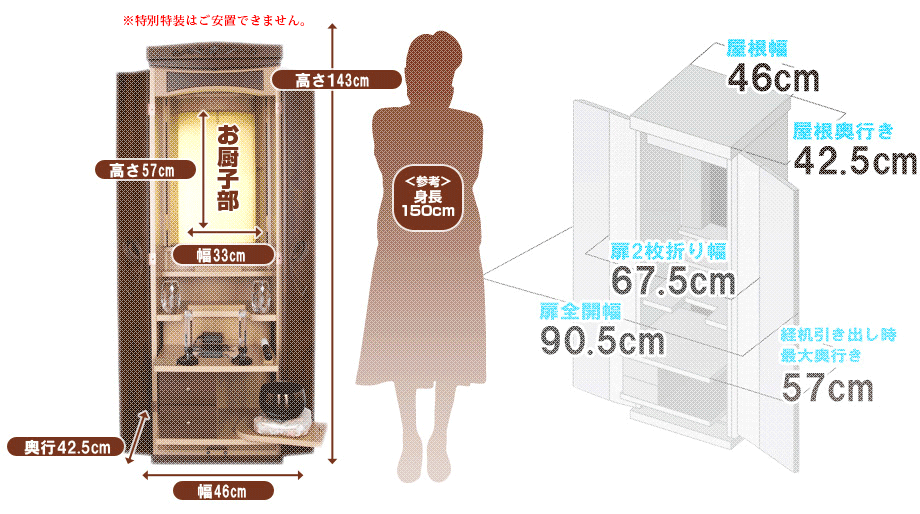 創価学会専用家具調仏壇 『ニューリボン ダーク 47』の寸法図