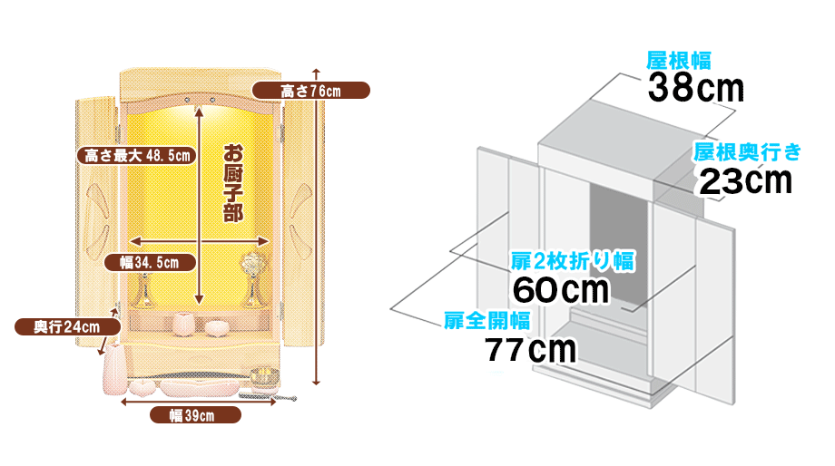 創価学会専用家具調仏壇 『アロー・ナチュラル』の寸法図