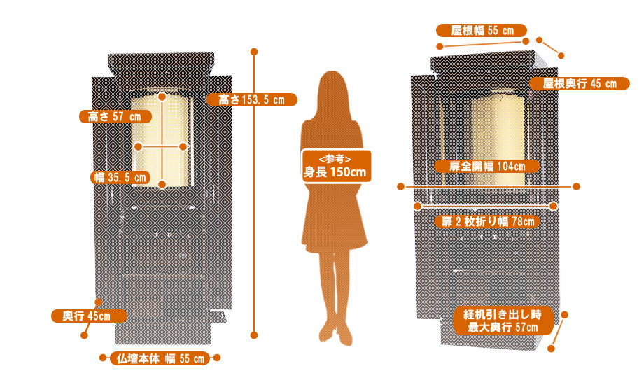 家具調仏壇『ロイヤル 鉄刀木』の寸法図