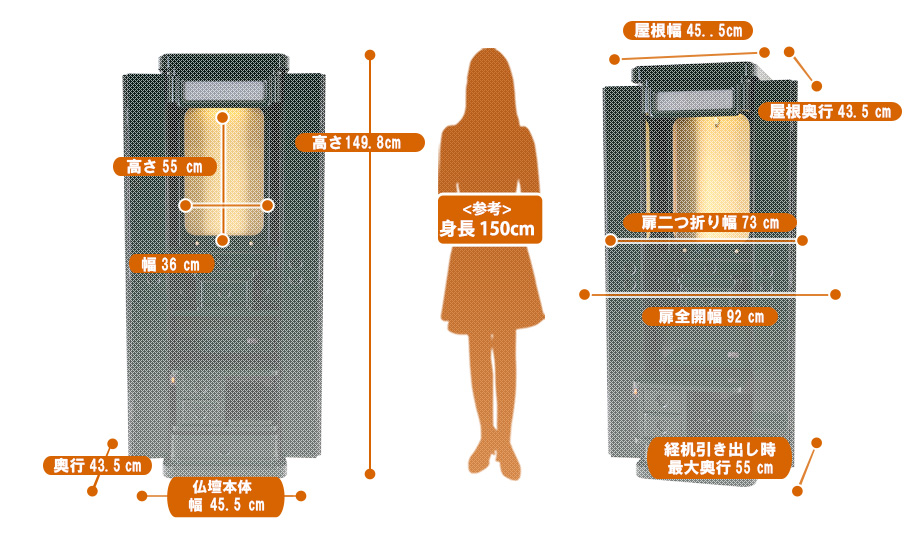 家具調仏壇『アデッソ モスグリーン』の寸法図