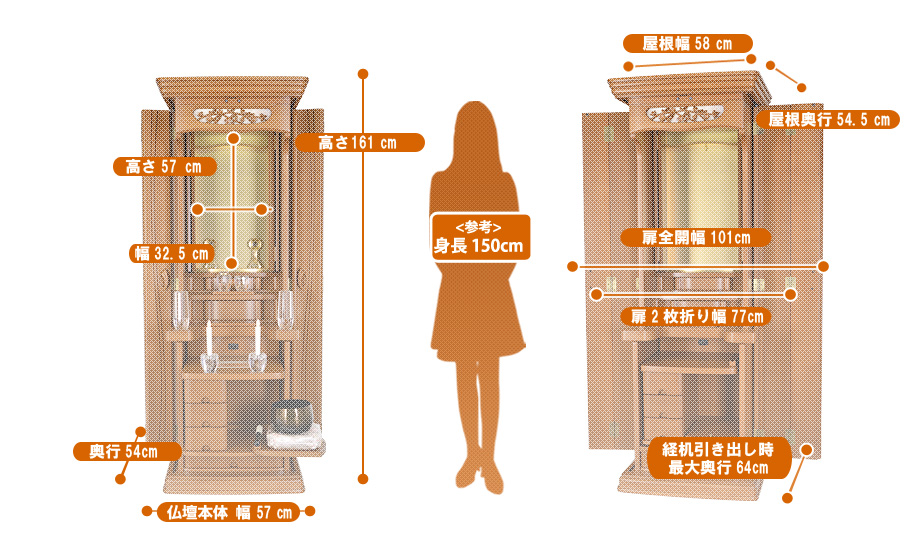 家具調仏壇『ドレイプ 54』の寸法図