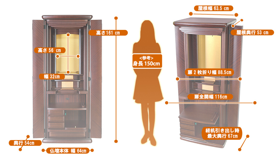 家具調仏壇『エンブレイス ダークレッド』の寸法図