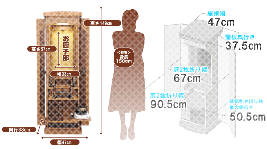 創価学会専用家具調仏壇 『ブロッサム 49』の寸法図