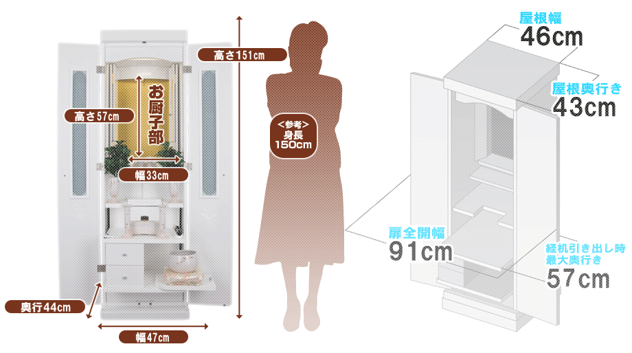 創価学会専用家具調仏壇 『プリティー ホワイト しだれ桜蒔絵 50』の寸法図